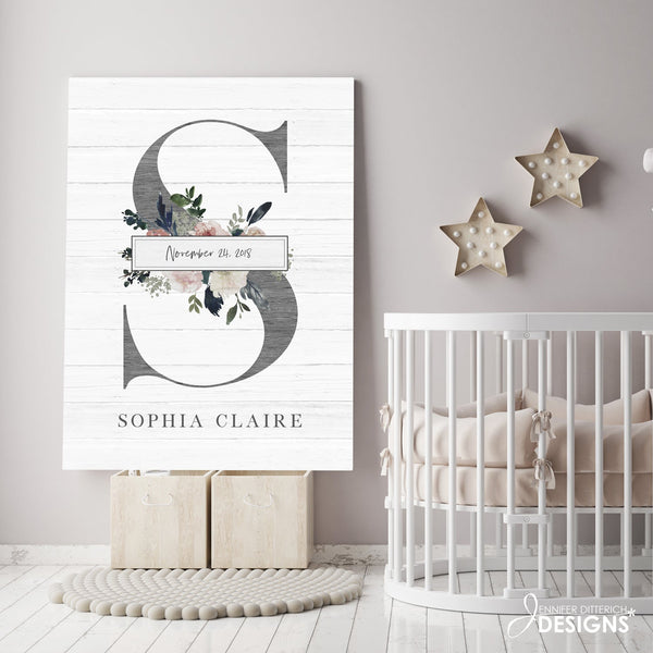 Baby Monogram Nursery Art - with Name and Birth Date - Jennifer Ditterich Designs