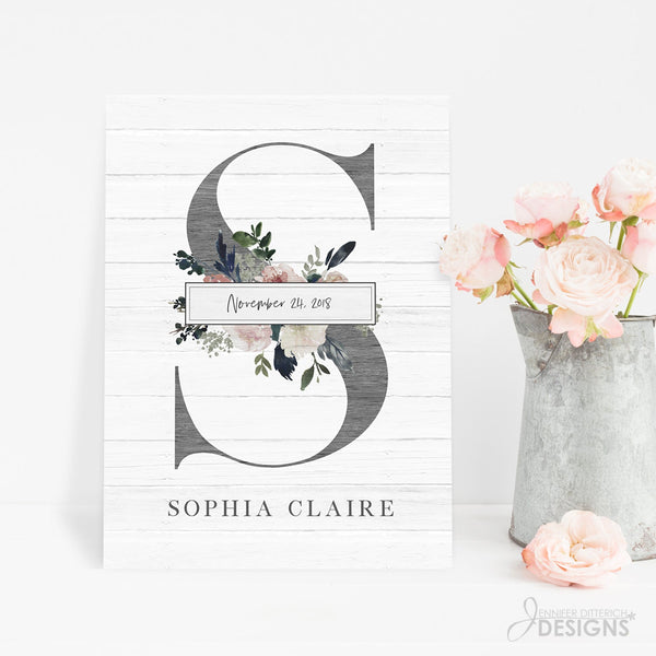 Baby Monogram Nursery Art - with Name and Birth Date - Jennifer Ditterich Designs